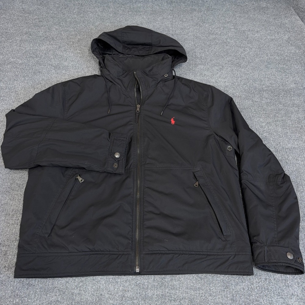 Polo Ralph Lauren Jacket Men Large Black Softshell Windbreaker Fleece Lined Hood - Picture 2 of 11
